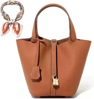 Women's Genuine Leather Bucket Bag Leather Handbag Lock Design Top-handle Purses Shoulder Handbag, Small