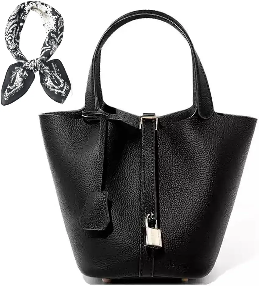 Women's Genuine Leather Bucket Bag Leather Handbag Lock Design Top-handle Purses Shoulder Handbag, Small