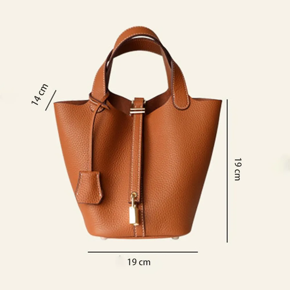 Women's Genuine Leather Bucket Bag Leather Handbag Lock Design Top-handle Purses Shoulder Handbag, Small