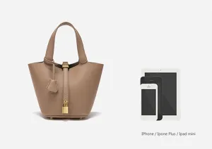 Women's Genuine Leather Bucket Bag Leather Handbag Lock Design Top-handle Purses Shoulder Handbag, Small