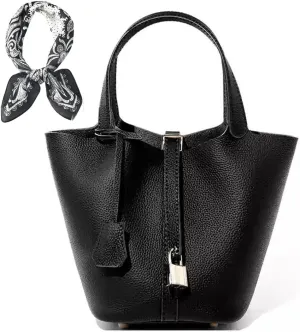 Women's Genuine Leather Bucket Bag Leather Handbag Lock Design Top-handle Purses Shoulder Handbag, Small