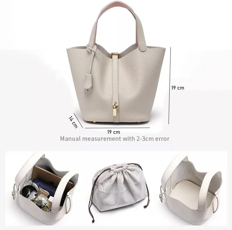 Women's Genuine Leather Bucket Bag Leather Handbag Lock Design Top-handle Purses Shoulder Handbag, Small