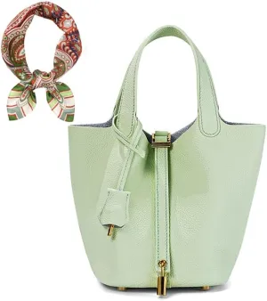 Women's Genuine Leather Bucket Bag Leather Handbag Lock Design Top-handle Purses Shoulder Handbag, Small