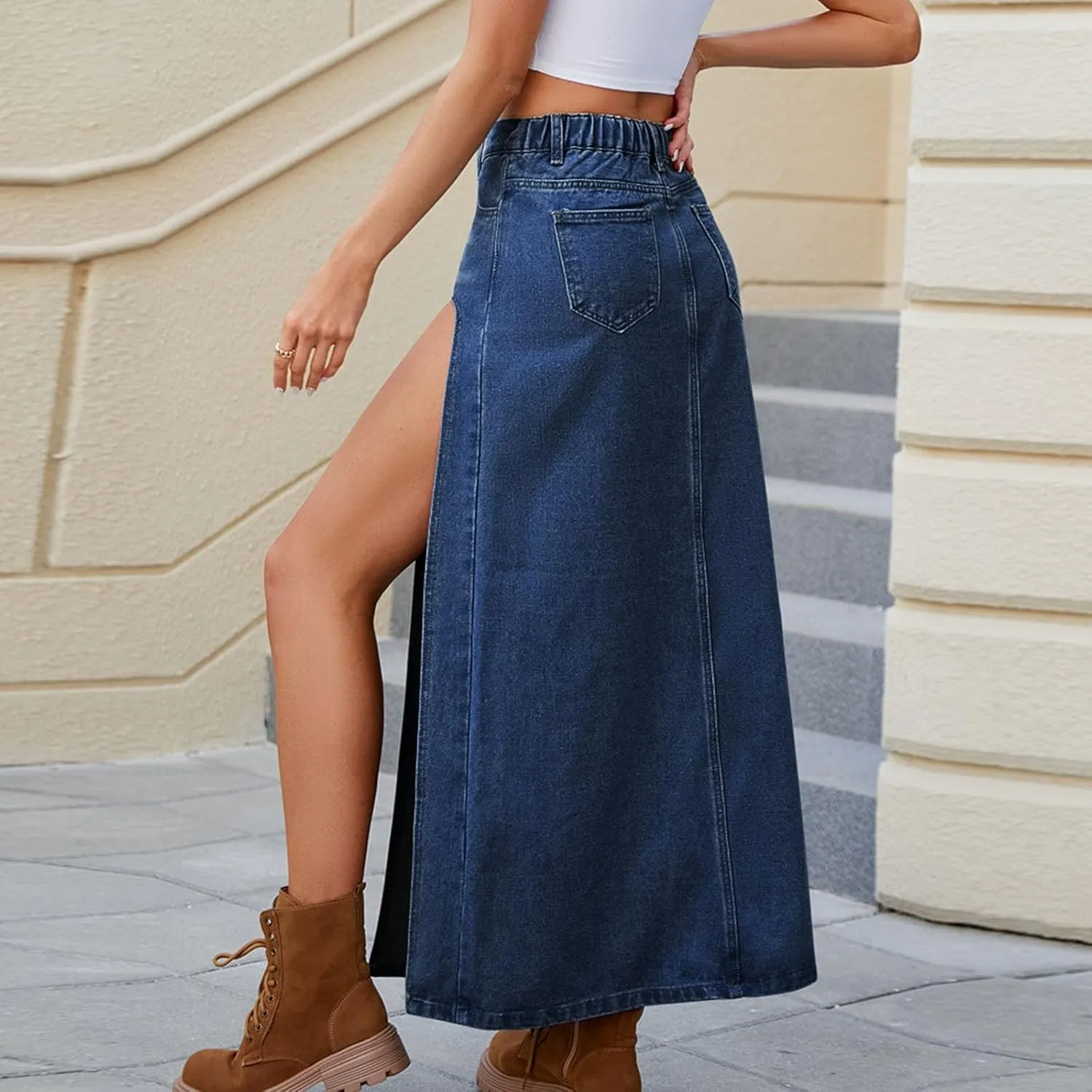 Women's High Waist Denim Skirt Sexy Split Thigh Jean Skirt Slim Fit Maxi Long Pencil Skirt Casual Bodycon Wrap Skirt