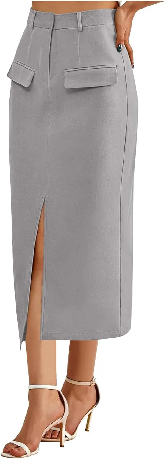 Women's High Waisted Front Split Maxi Skirt Elegant Business Work Skirts Evening Party A-Line Skirts with Pockets