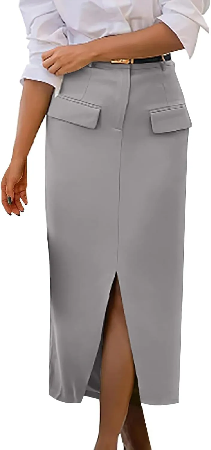 Women's High Waisted Front Split Maxi Skirt Elegant Business Work Skirts Evening Party A-Line Skirts with Pockets