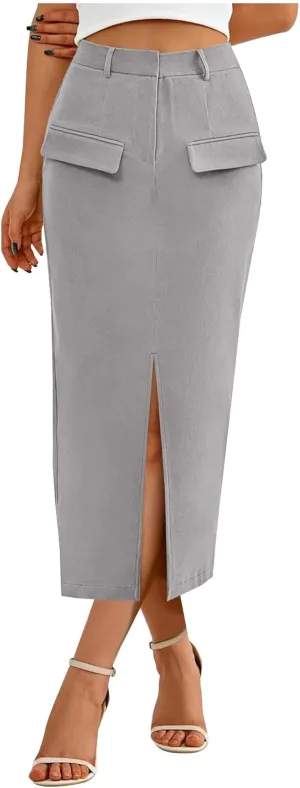 Women's High Waisted Front Split Maxi Skirt Elegant Business Work Skirts Evening Party A-Line Skirts with Pockets