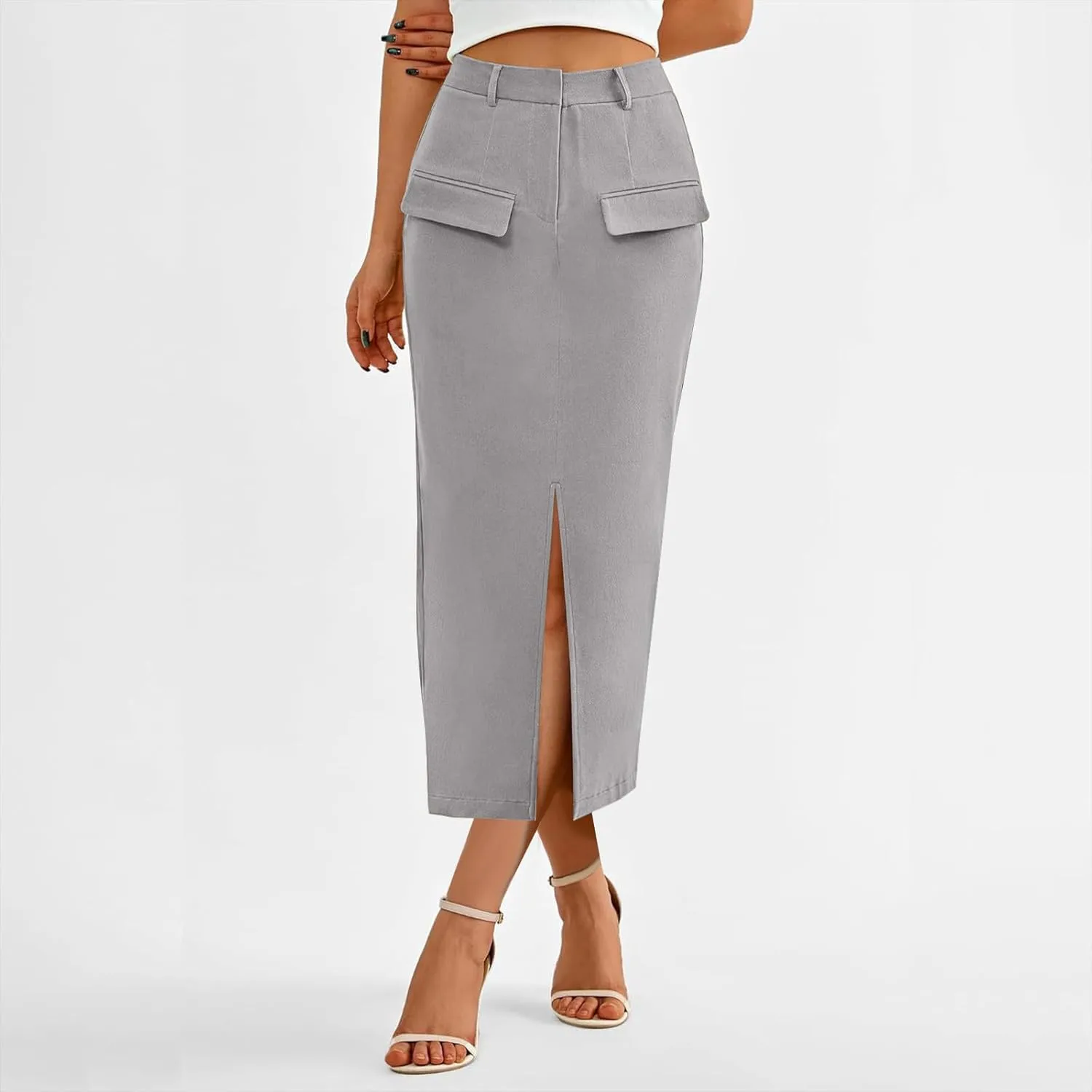 Women's High Waisted Front Split Maxi Skirt Elegant Business Work Skirts Evening Party A-Line Skirts with Pockets