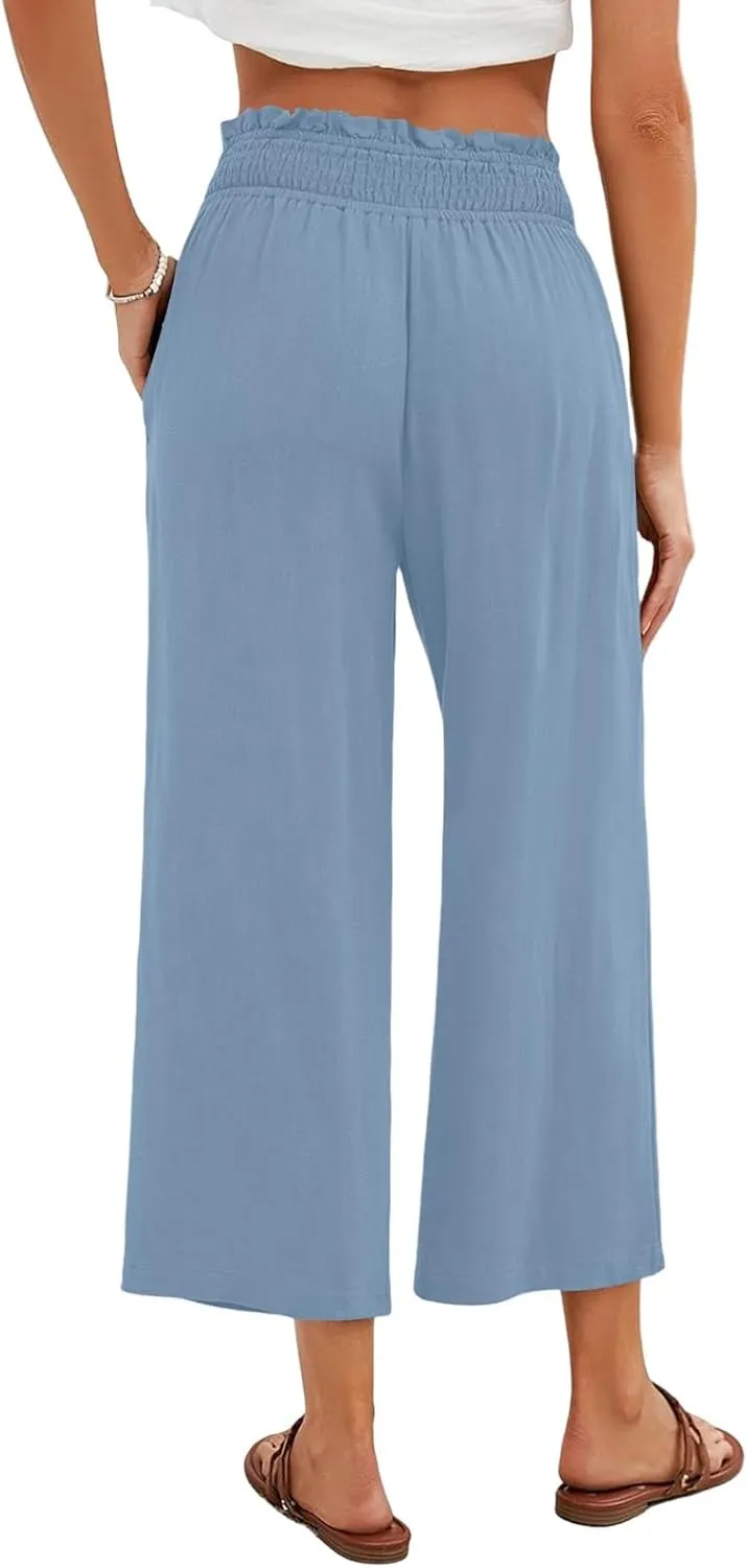 Womens Linen Capri Pants Smocked Elastic Waisted Cropped Palazzo Trousers Casual Flowy Summer Beach Pants with Pockets