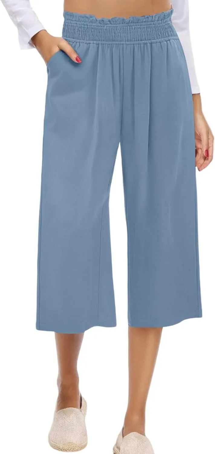 Womens Linen Capri Pants Smocked Elastic Waisted Cropped Palazzo Trousers Casual Flowy Summer Beach Pants with Pockets