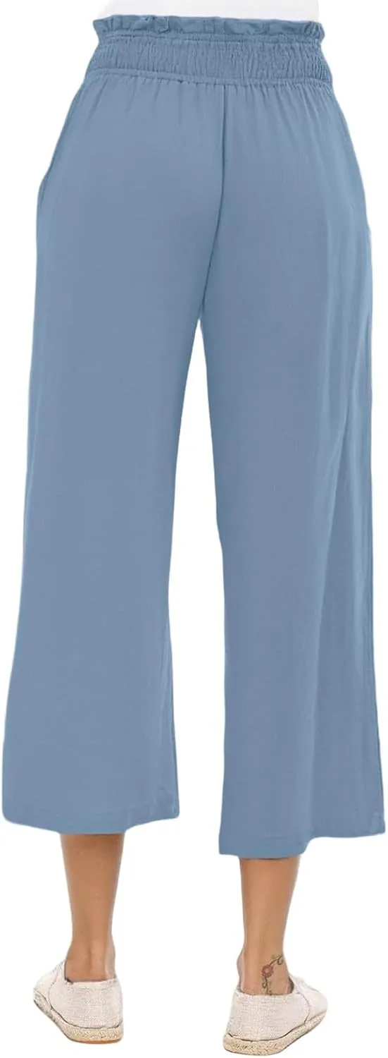 Womens Linen Capri Pants Smocked Elastic Waisted Cropped Palazzo Trousers Casual Flowy Summer Beach Pants with Pockets