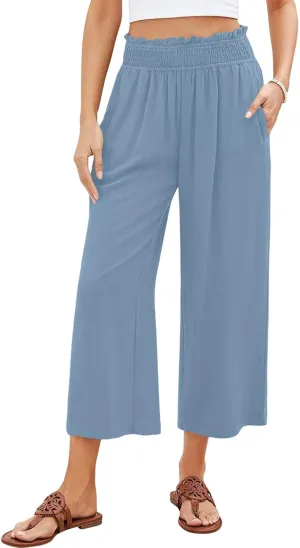 Womens Linen Capri Pants Smocked Elastic Waisted Cropped Palazzo Trousers Casual Flowy Summer Beach Pants with Pockets