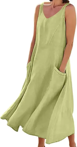Womens Linen Dresses 2025 Boho Sleeveless Halter Dress Maxi Flowy Cute Plus Size Sundresses Dressy Casaul Vacation