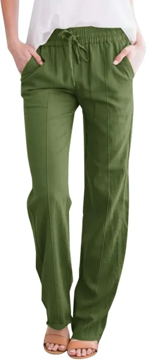 Women's Linen Pants Women's Relax Fit Linen Pants - Lightweight Summer Casual Trousers with Elastic Waist