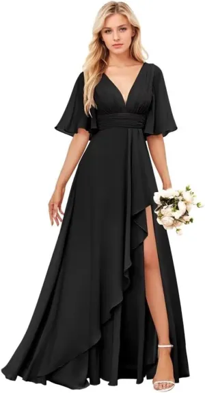 Women's Long Formal Bridesmaid Dress for Wedding Short Sleeve V Neck Evening Party Gowns with Slit