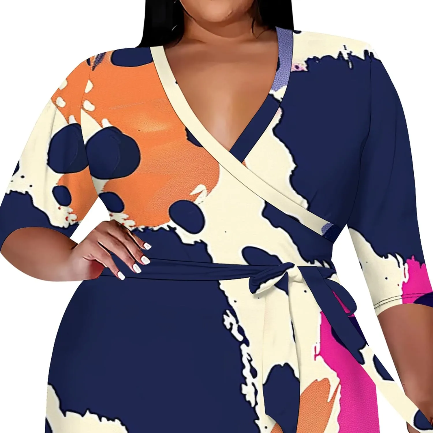 Women's Midi Dress 3/4 Sleeves Floral Printed V Neck Cocktail Party Dress Curvy Wrap Sexy Geometric Pattern Dresses with Belt