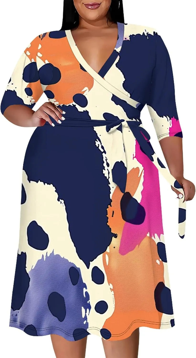 Women's Midi Dress 3/4 Sleeves Floral Printed V Neck Cocktail Party Dress Curvy Wrap Sexy Geometric Pattern Dresses with Belt
