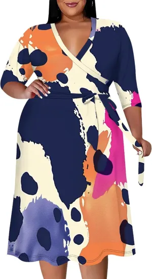 Women's Midi Dress 3/4 Sleeves Floral Printed V Neck Cocktail Party Dress Curvy Wrap Sexy Geometric Pattern Dresses with Belt