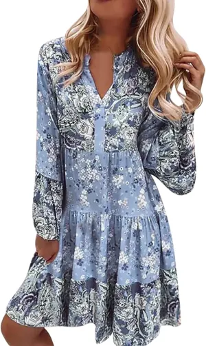 Women's Midi Floral Summer Boho Dress Sundresses for Women Long Sleeve V Neck Ruffle Flowy Tummy Hiding Dress 2025