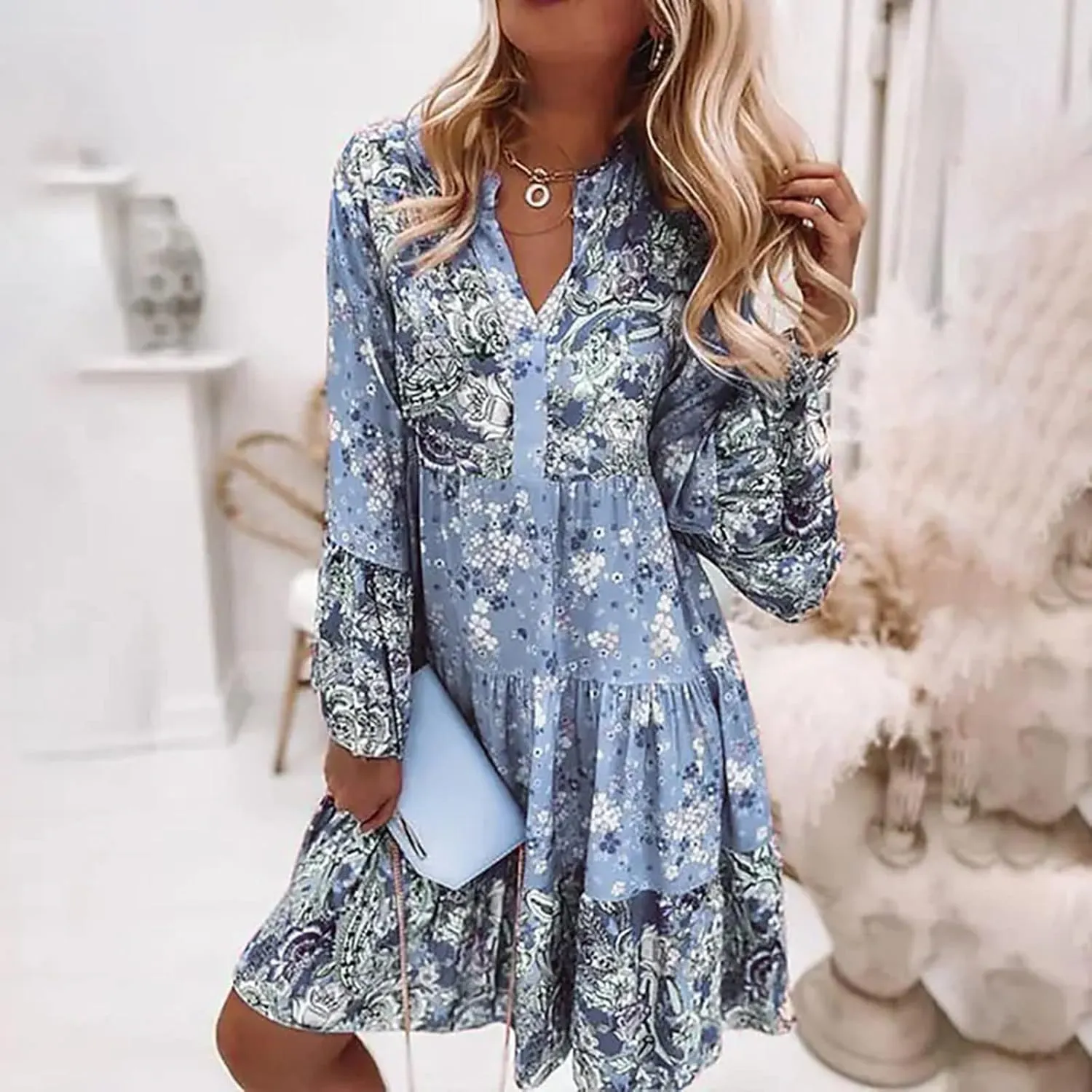 Women's Midi Floral Summer Boho Dress Sundresses for Women Long Sleeve V Neck Ruffle Flowy Tummy Hiding Dress 2025