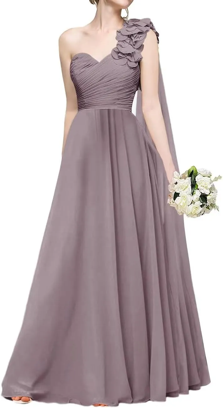 Women's One Shoulder Bridesmaid Dresses Long Chiffon Bridesmaid Dresses Flower Sleeves with Cape
