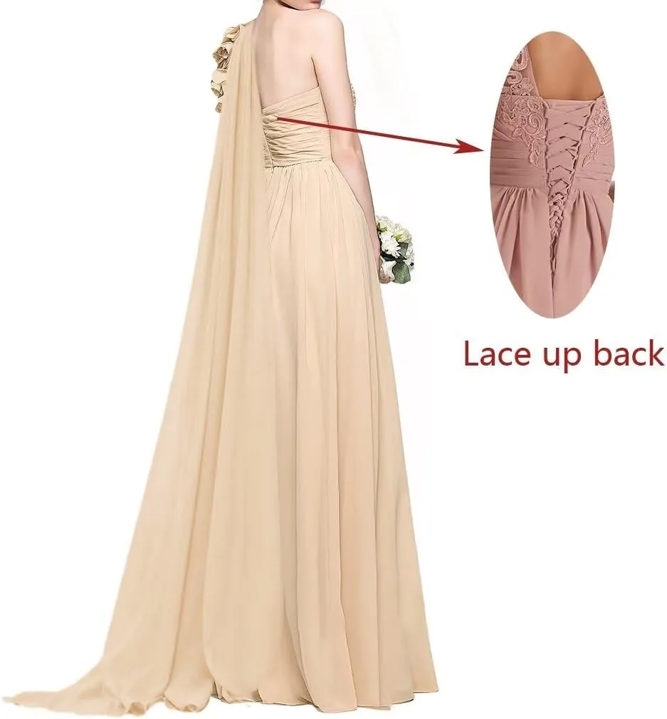 Women's One Shoulder Bridesmaid Dresses Long Chiffon Bridesmaid Dresses Flower Sleeves with Cape