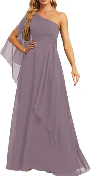 Women's One Shoulder Bridesmaid Dresses Ruched Prom Dresses Chiffon Formal Evening Party Maxi Gowns PE475