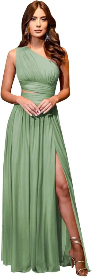 Women's One Shoulder Prom Dresses with Slit Cutout Ruched Birdsmaid Dresses Long Formal Dress with Pockets AN150