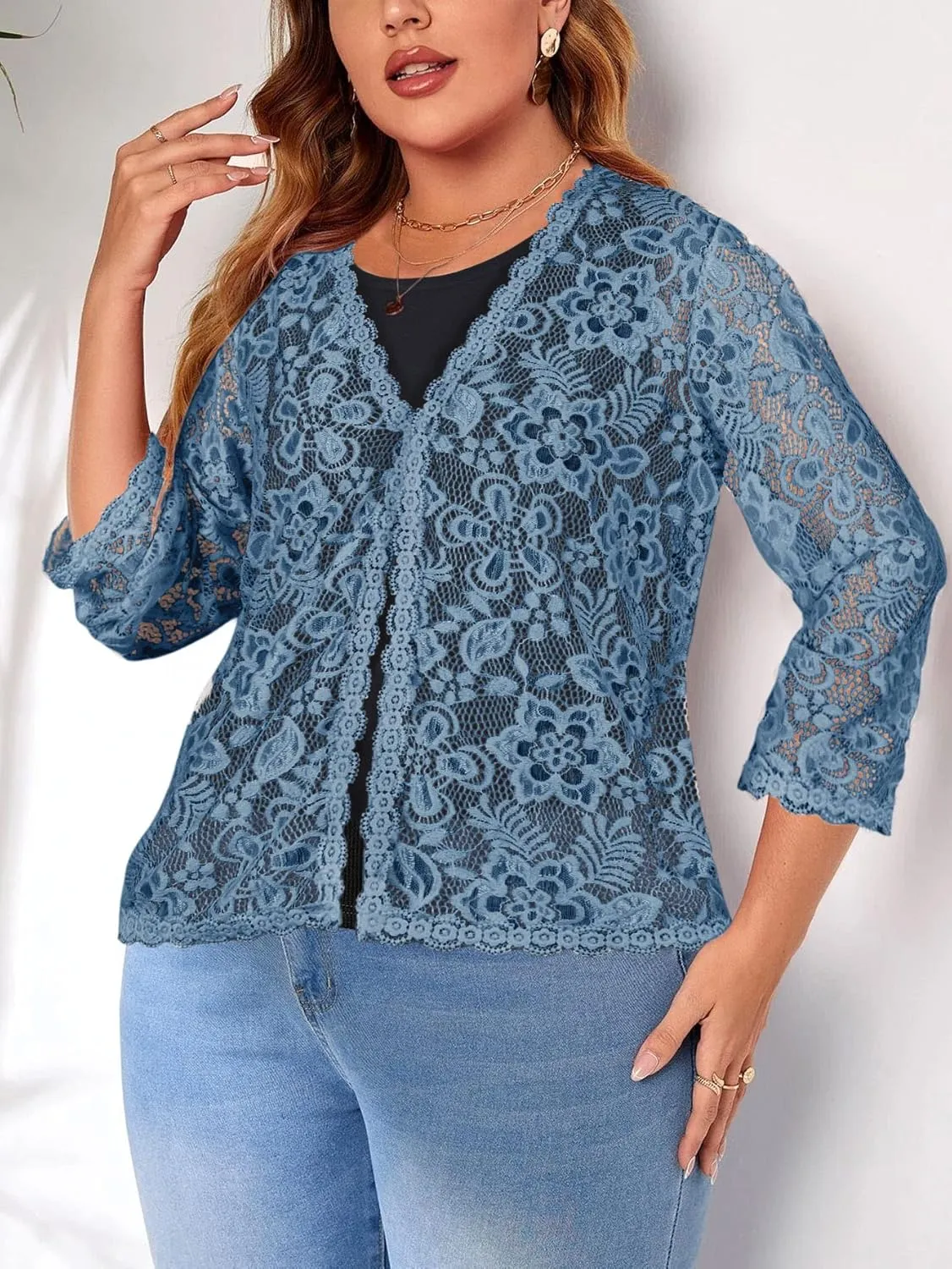 Women's Plus Size 3/4 Sleeve Bolero Shrugs Crochet Lace Open Front Cardigan