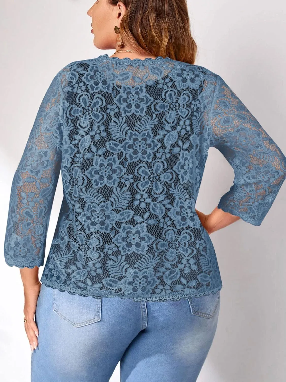 Women's Plus Size 3/4 Sleeve Bolero Shrugs Crochet Lace Open Front Cardigan