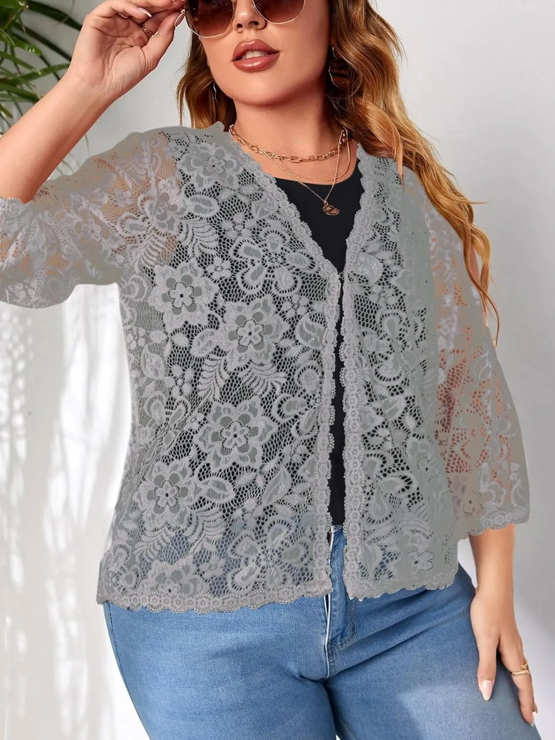 Women's Plus Size 3/4 Sleeve Bolero Shrugs Crochet Lace Open Front Cardigan