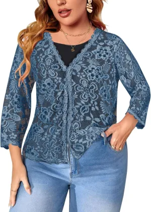 Women's Plus Size 3/4 Sleeve Bolero Shrugs Crochet Lace Open Front Cardigan