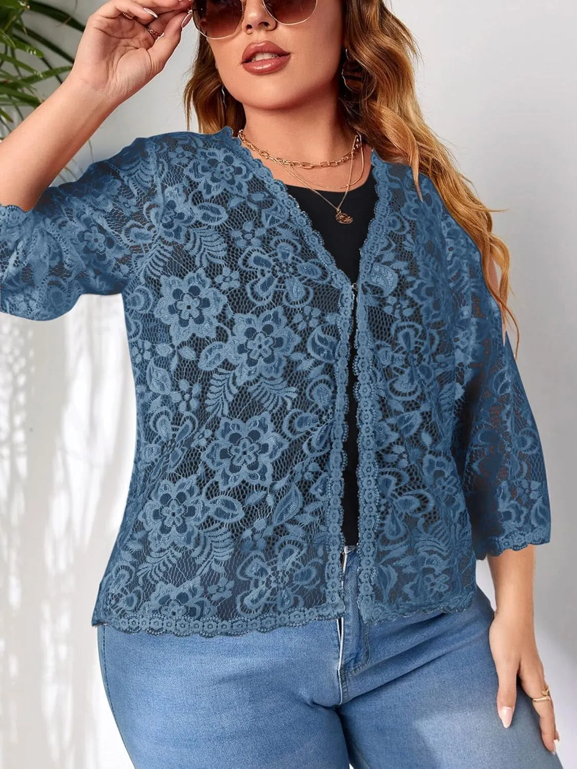 Women's Plus Size 3/4 Sleeve Bolero Shrugs Crochet Lace Open Front Cardigan