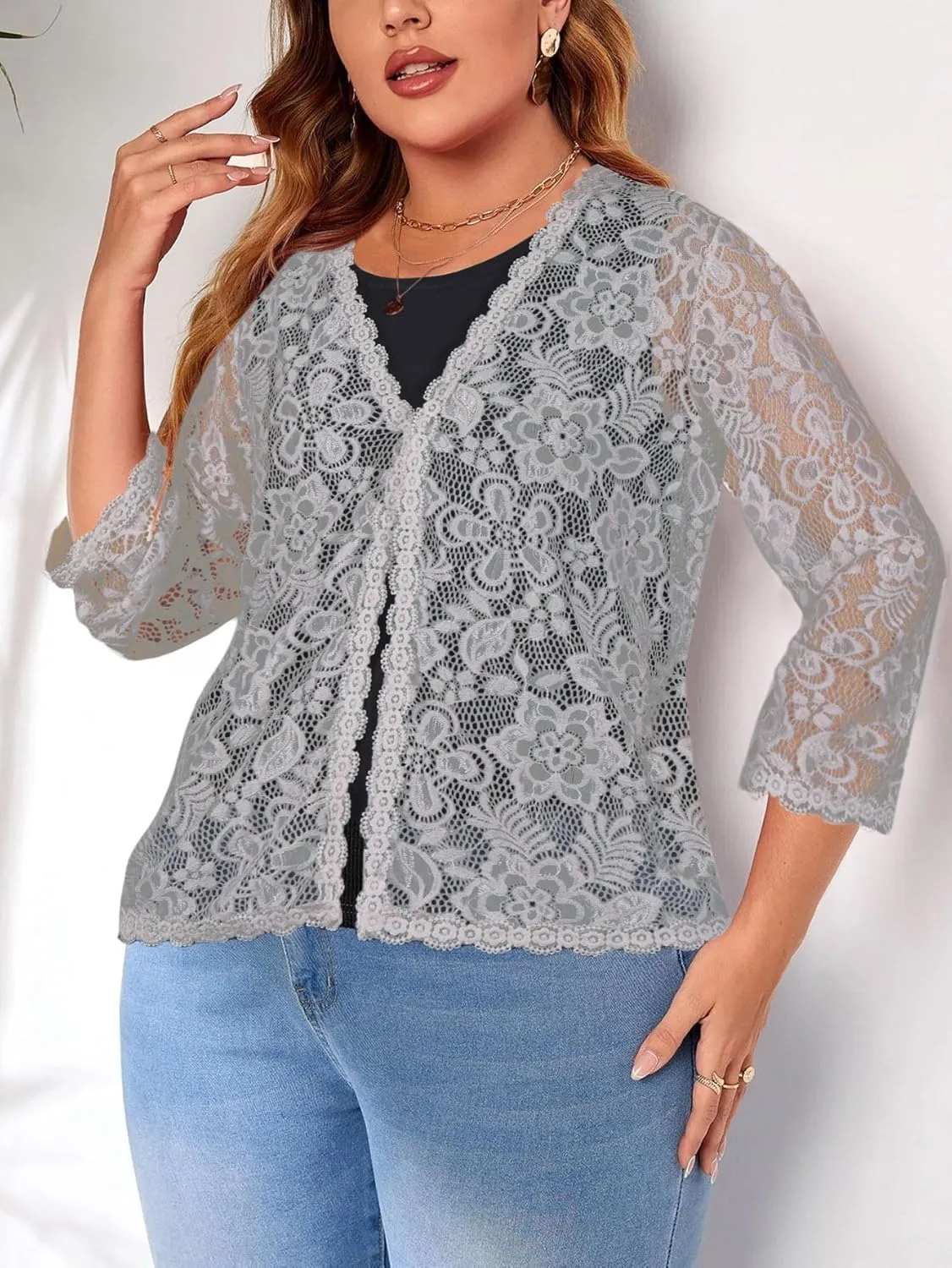 Women's Plus Size 3/4 Sleeve Bolero Shrugs Crochet Lace Open Front Cardigan