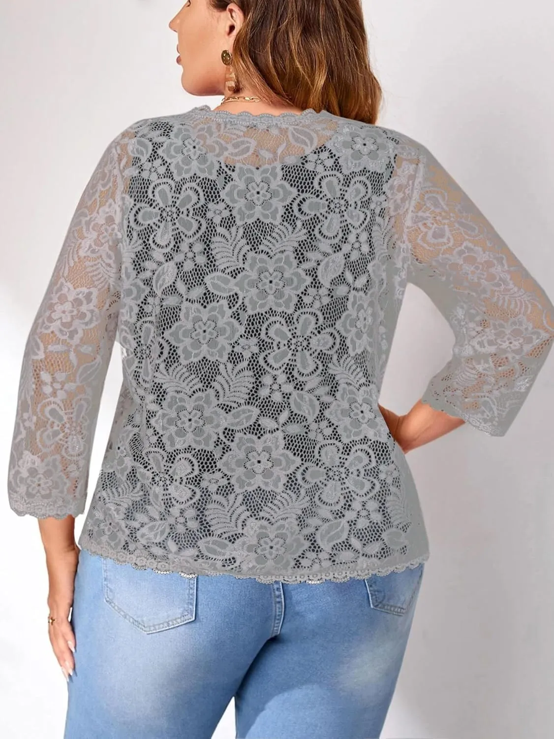 Women's Plus Size 3/4 Sleeve Bolero Shrugs Crochet Lace Open Front Cardigan