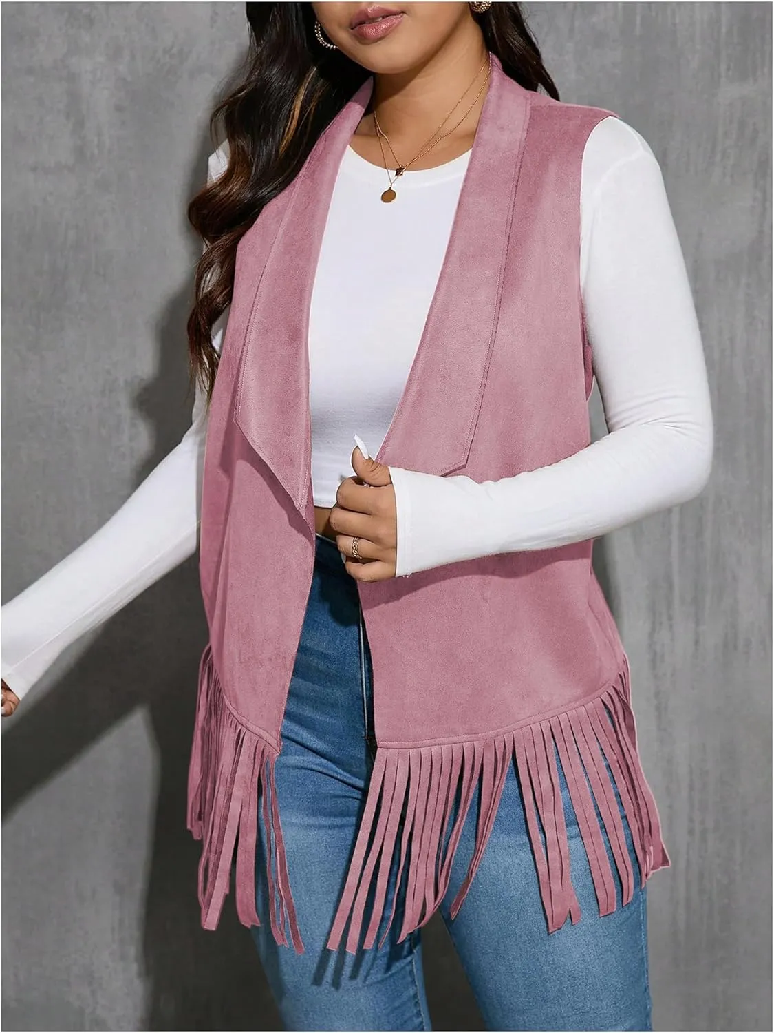 Women's Plus Size Fringe Suede Vest 70s Hippie Faux Western Jacket Tassel Sleeveless Cardigan