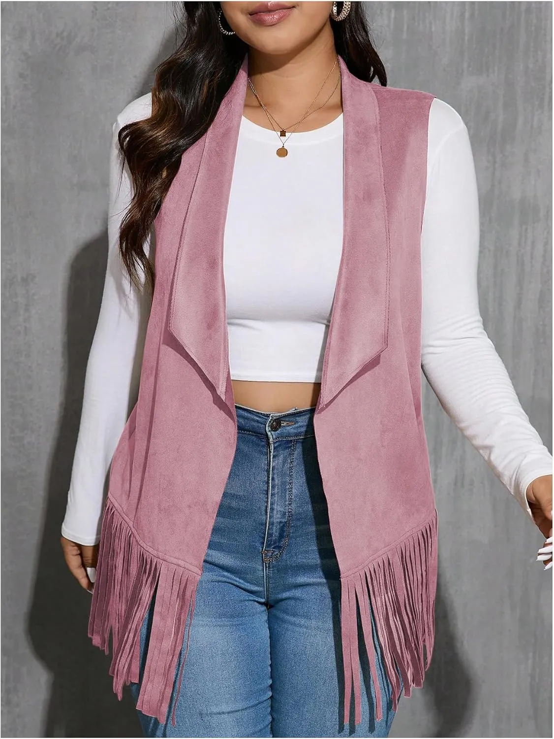 Women's Plus Size Fringe Suede Vest 70s Hippie Faux Western Jacket Tassel Sleeveless Cardigan