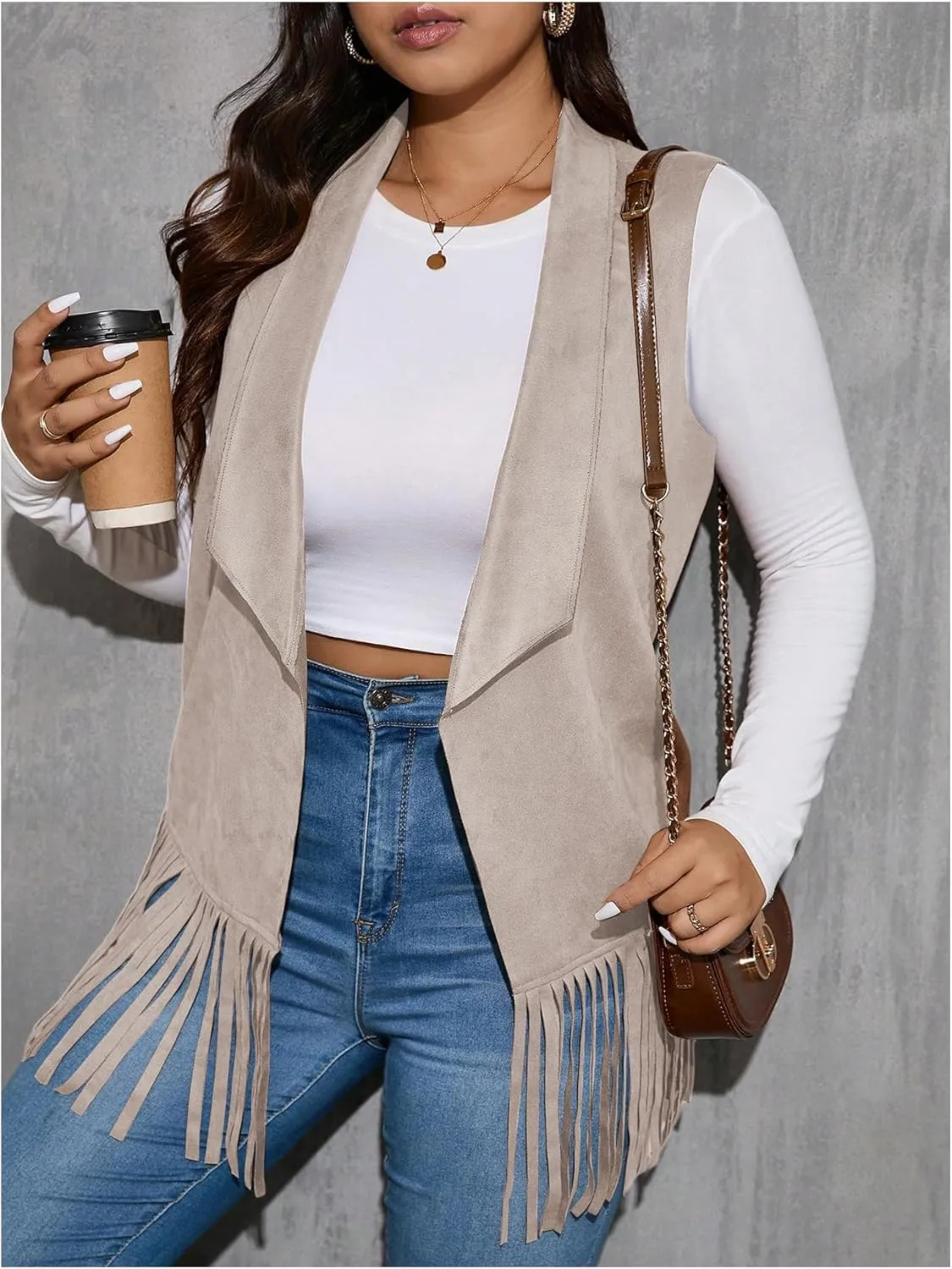 Women's Plus Size Fringe Suede Vest 70s Hippie Faux Western Jacket Tassel Sleeveless Cardigan