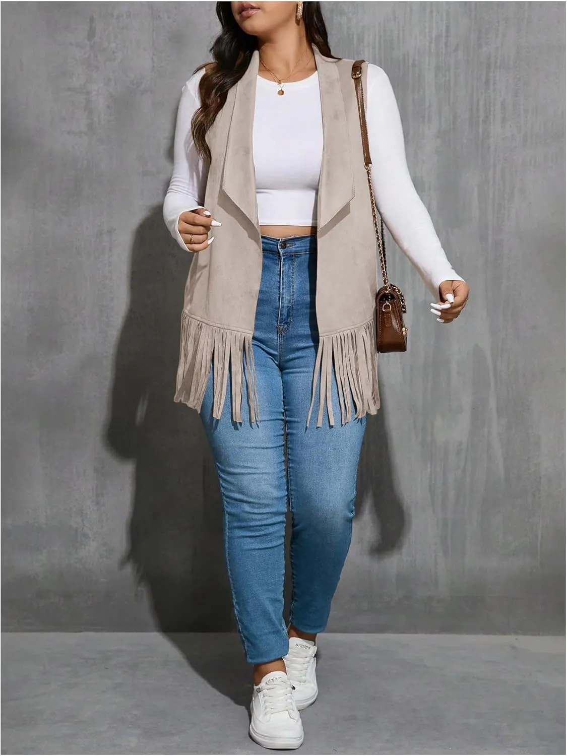 Women's Plus Size Fringe Suede Vest 70s Hippie Faux Western Jacket Tassel Sleeveless Cardigan