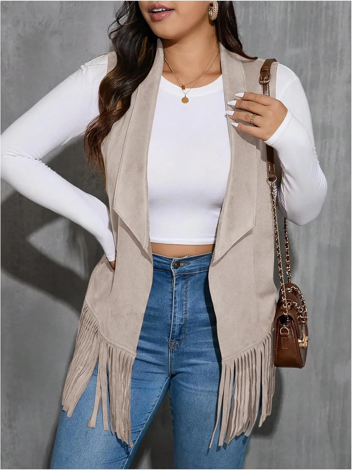 Women's Plus Size Fringe Suede Vest 70s Hippie Faux Western Jacket Tassel Sleeveless Cardigan