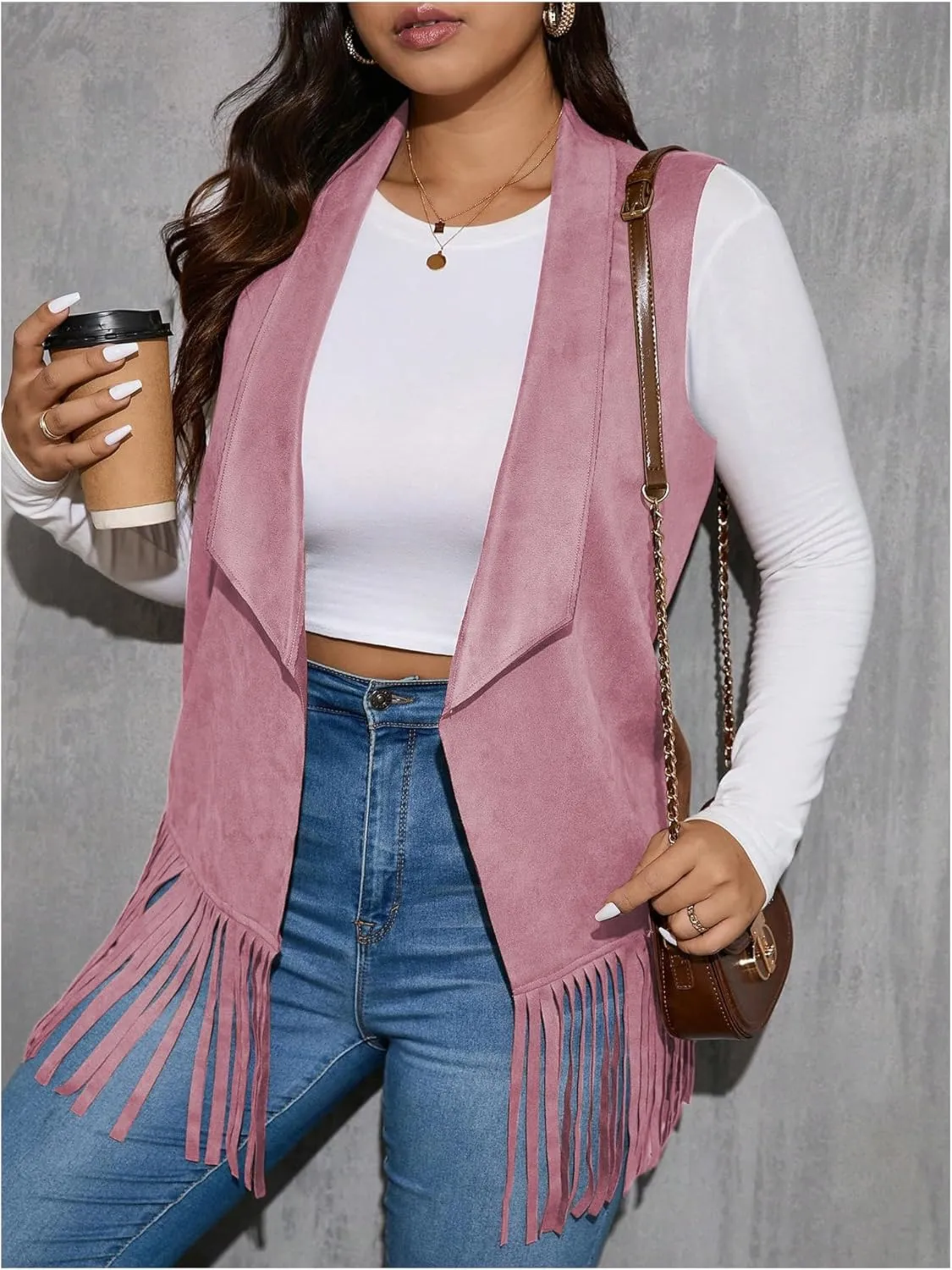 Women's Plus Size Fringe Suede Vest 70s Hippie Faux Western Jacket Tassel Sleeveless Cardigan