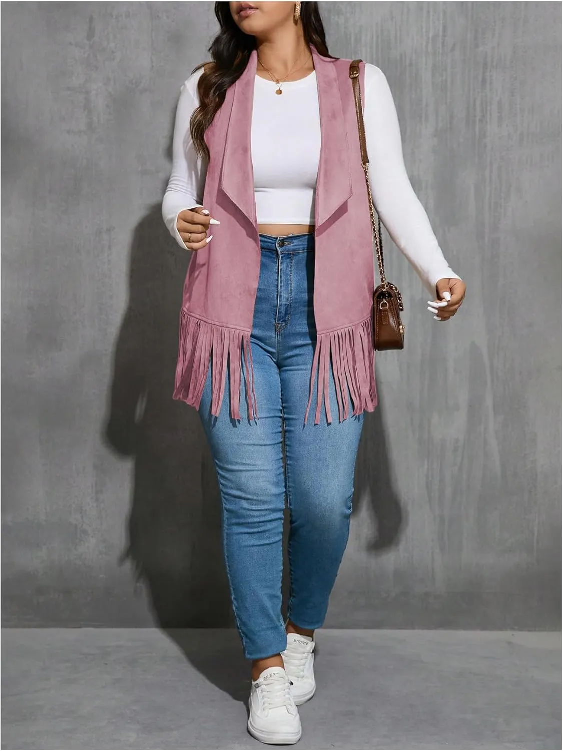 Women's Plus Size Fringe Suede Vest 70s Hippie Faux Western Jacket Tassel Sleeveless Cardigan