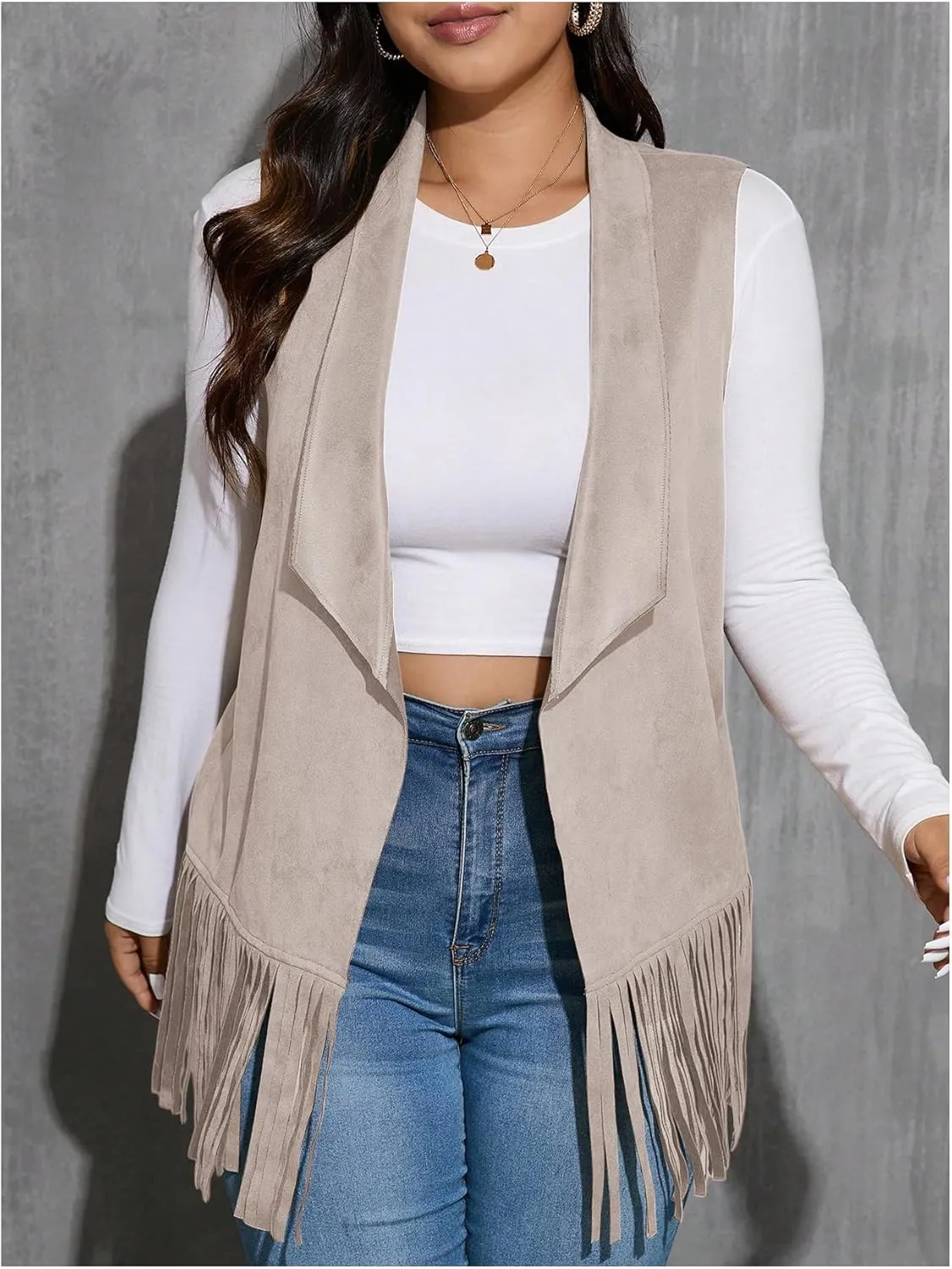 Women's Plus Size Fringe Suede Vest 70s Hippie Faux Western Jacket Tassel Sleeveless Cardigan