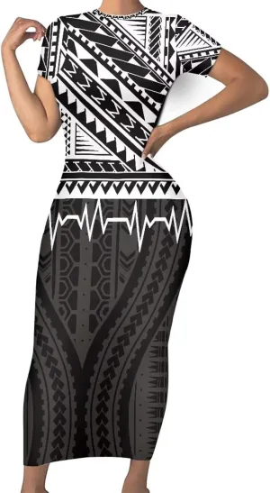Women's Puletasi Samoan Short Sleeve Bodycon Dress Polynesian Maxi Casual Club Party Long Tight Pencil Dresses