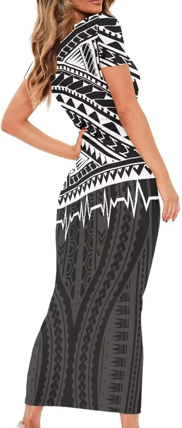 Women's Puletasi Samoan Short Sleeve Bodycon Dress Polynesian Maxi Casual Club Party Long Tight Pencil Dresses