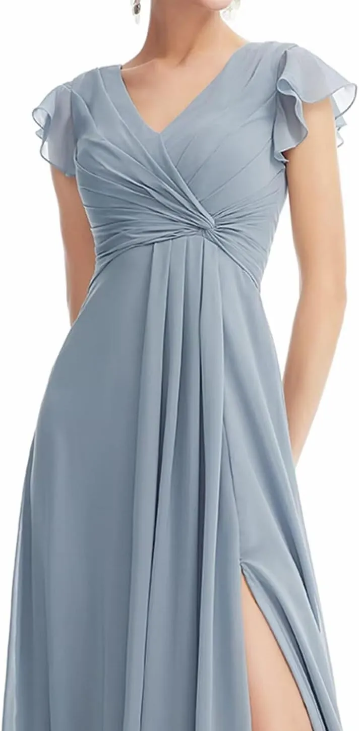 Women's Ruffle Sleeve Chiffon Bridesmaid Dresses Long with Slit V Neck Formal Evening Gowns