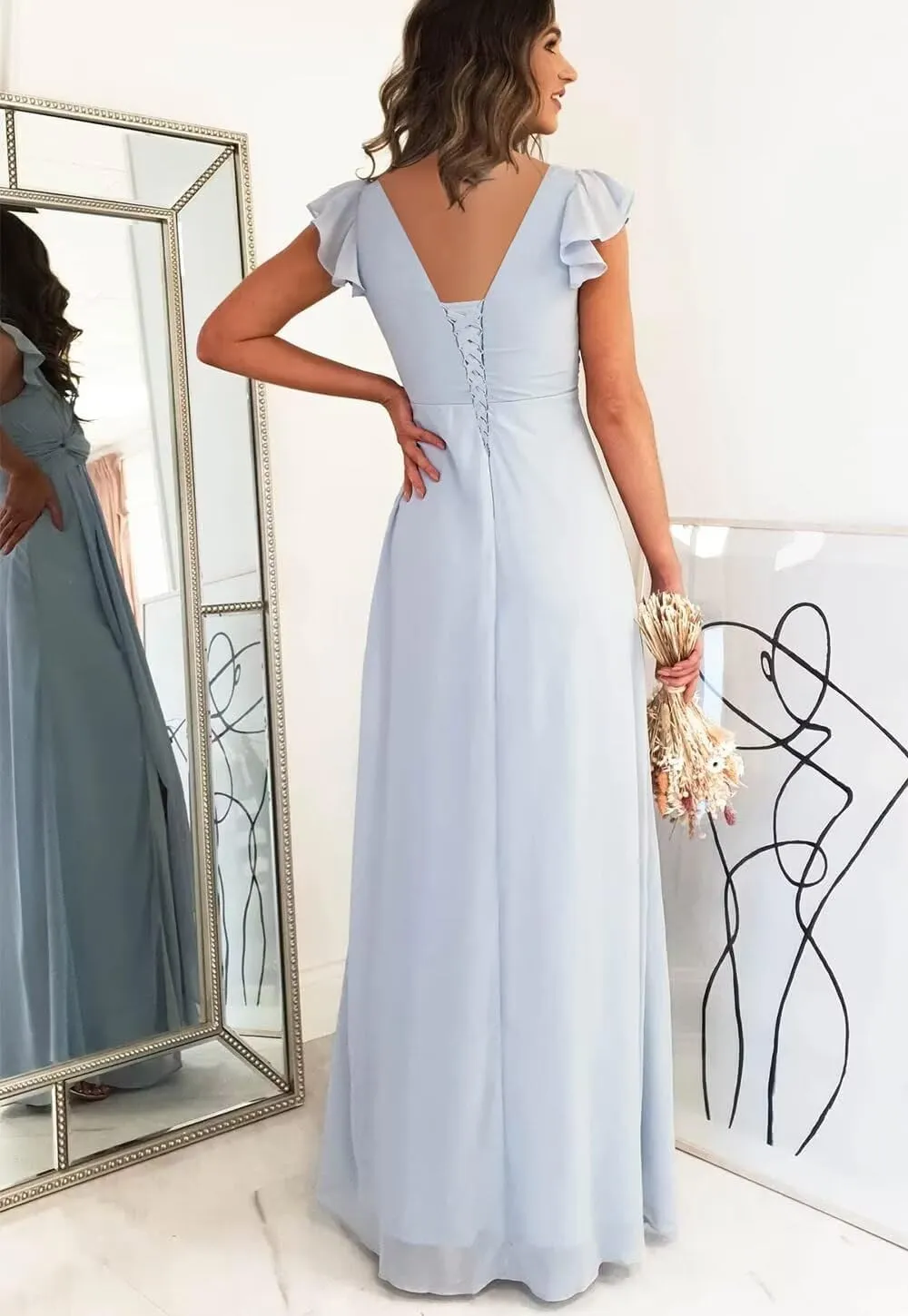Women's Ruffle Sleeve Chiffon Bridesmaid Dresses Long with Slit V Neck Formal Evening Gowns