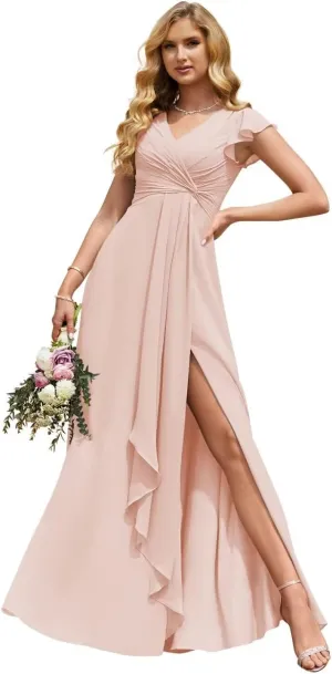 Women's Ruffle Sleeve Chiffon Bridesmaid Dresses Long with Slit V Neck Formal Evening Gowns