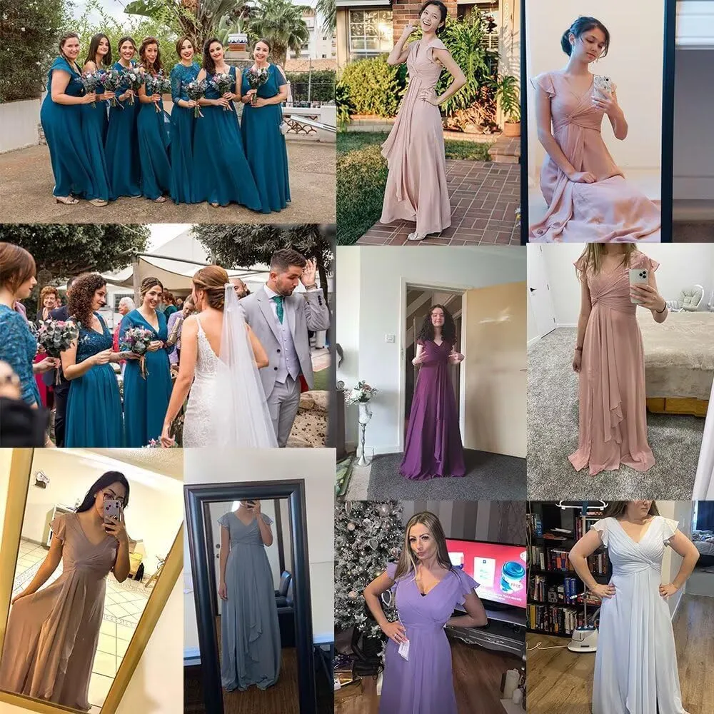 Women's Ruffle Sleeve Chiffon Bridesmaid Dresses Long with Slit V Neck Formal Evening Gowns