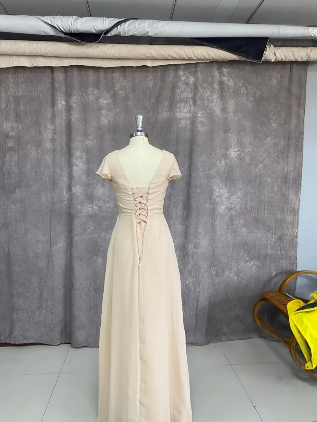 Women's Ruffle Sleeve Chiffon Bridesmaid Dresses Long with Slit V Neck Formal Evening Gowns